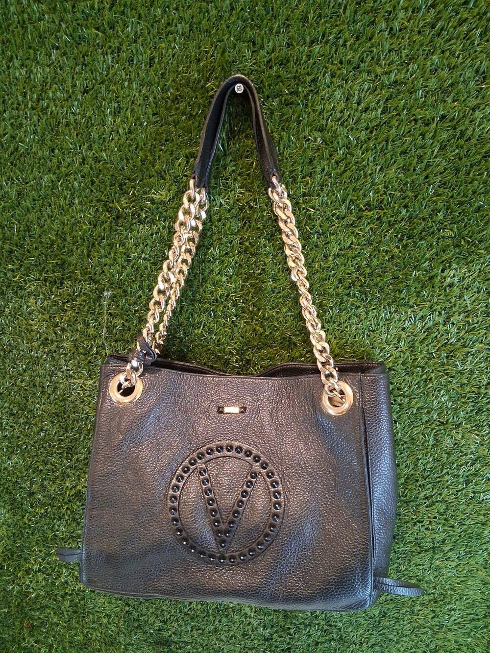 Valentino by Mario Valentino Luisa Black Leather Tote Shoulder Bag Chain Studs